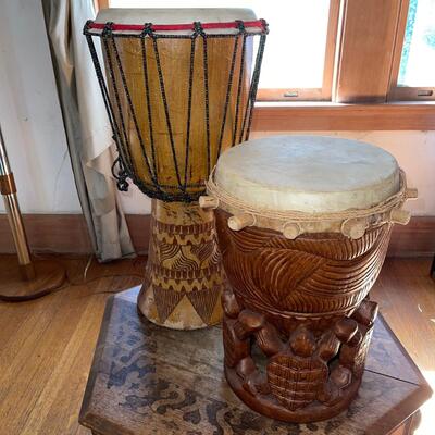 Lot 99 Carved Wood Ethnic Drums Turtle on Bale Tallest 24"