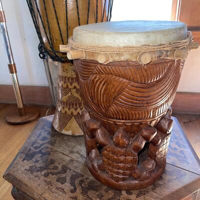 Lot 99 Carved Wood Ethnic Drums Turtle on Bale Tallest 24"