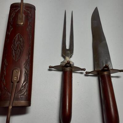Brass and wood meat carving set