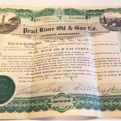 Lot #32  1931 Stock Certificate - Pearl River Oil & Gas