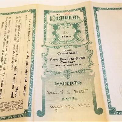 Lot #32  1931 Stock Certificate - Pearl River Oil & Gas