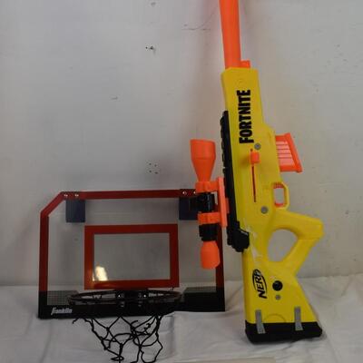 Nerf Fortnite Rifle (missing bullets), Mini Basketball Hoop (LED Partially) Used
