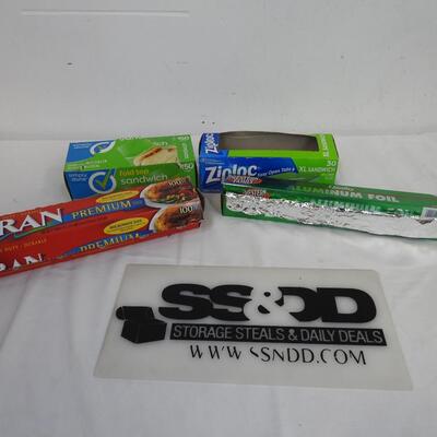 4 pc. Food Preserving Items, Plastic Bags, Saran Wrap, Aluminum Foil