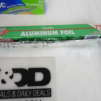 4 pc. Food Preserving Items, Plastic Bags, Saran Wrap, Aluminum Foil