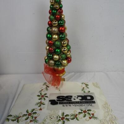 2 Christmas Decorations, Small Tree and Patterned Tablecloth