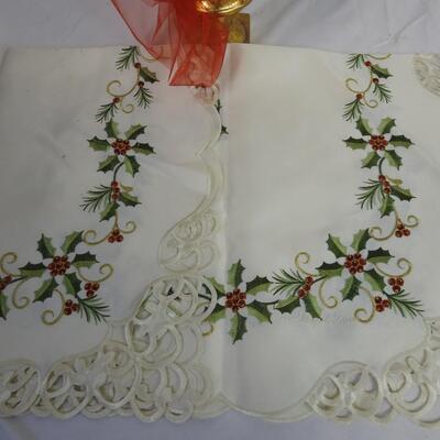 2 Christmas Decorations, Small Tree and Patterned Tablecloth