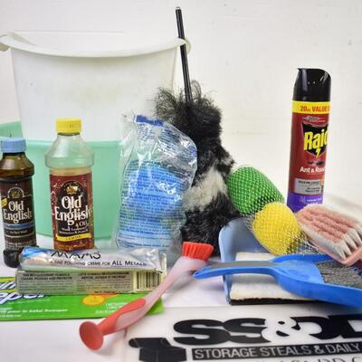 15 Cleaning Supplies&Plastic Buckets: Wood Cleaner, Raid, Dustpan, etc