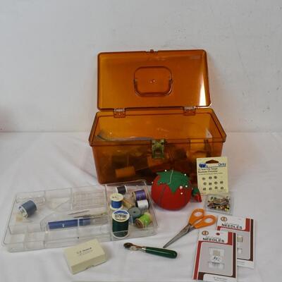 Vintage Sewing Box w/ Sewing Supplies Thread Needles, Pin Cushion