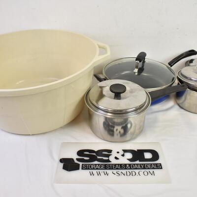 Kitchen Lot: 5 Pots/Pans, 4 Lids, Large Plastic Bowl/Tub