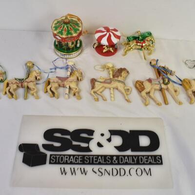 9 pc Ornaments, Carousel Horses, Wooden, Small Carousel Ornaments