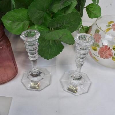 9 pc Home Decor: Large Wicker Basket, Candle Holders, Faux Plants