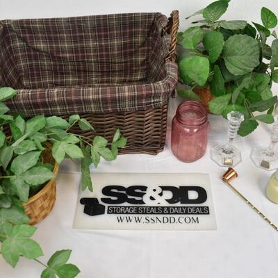 9 pc Home Decor: Large Wicker Basket, Candle Holders, Faux Plants