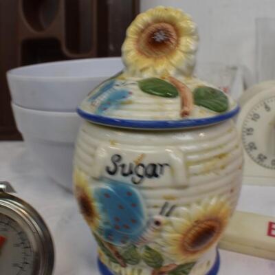 18+ Kitchen Lot: Sunflower Apron, Sunflower Sugar Jar, Glass Cups