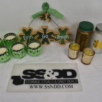 10 pc St. Patrick's Day Decor: Candles, Wall Hanging, Jars