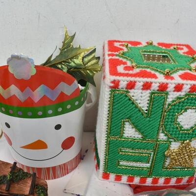 Christmas Lot: Small Nativity Set, Gift Bags, Ribbon, Sleigh