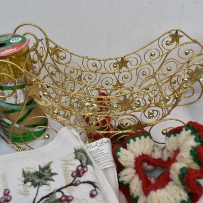 Christmas Lot: Small Nativity Set, Gift Bags, Ribbon, Sleigh