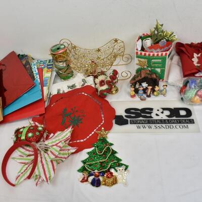 Christmas Lot: Small Nativity Set, Gift Bags, Ribbon, Sleigh