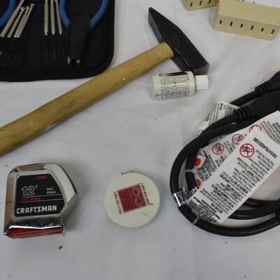 8 pc Home Improvement: Small Screwdriver Set, Hammer, Tool Bag, Power Strip