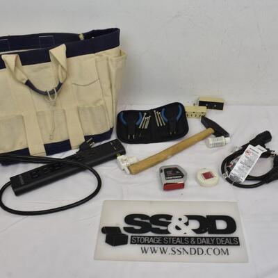 8 pc Home Improvement: Small Screwdriver Set, Hammer, Tool Bag, Power Strip
