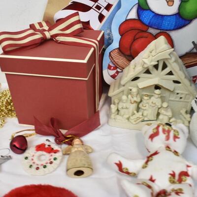 Holiday Lot: Small Christmas Tree, Window Clings, Ceramic Nativity, Gift Boxes