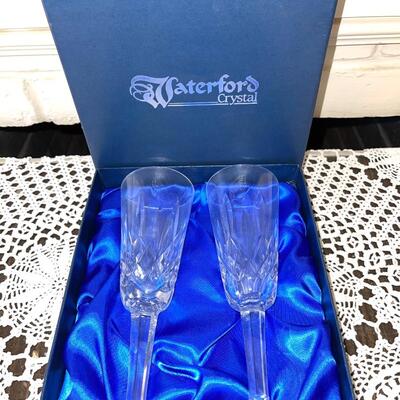 Lot 120 Waterford Crystal 2-8" Champagne Flutes in Gift Box Lismore Pattern