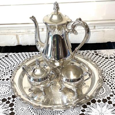 Lot 121 Silverplate Coffee / Tea Set Creamer Sugar + Serving Tray 5pcs
