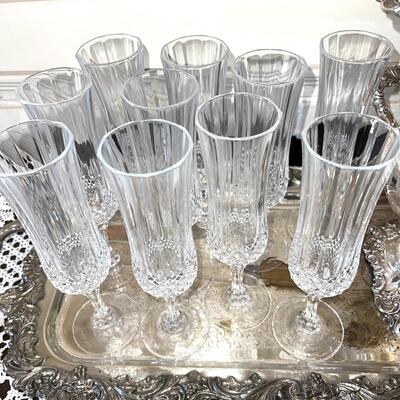 Lot 122 Champagne Set 10 Flutes Silverplate Tray + Ice Bucket