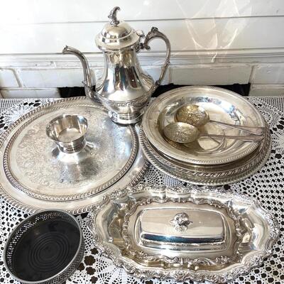 Lot 123 Group Misc Silverplate Coffee/Tea Pot Trays Covered Dish Utensils