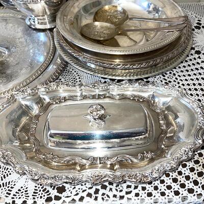 Lot 123 Group Misc Silverplate Coffee/Tea Pot Trays Covered Dish Utensils