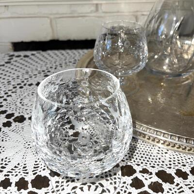 Lot 128 Heavy Crystal Decanter + 4 Crystal Brandy Snifters + Silverplate Tray