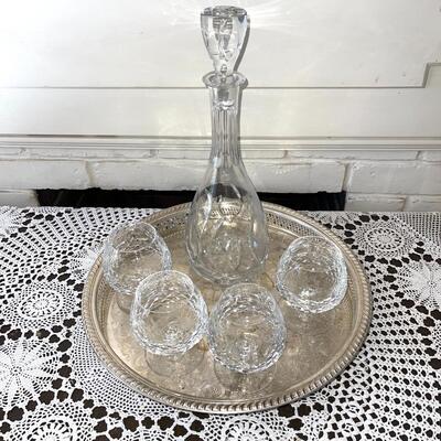 Lot 128 Heavy Crystal Decanter + 4 Crystal Brandy Snifters + Silverplate Tray