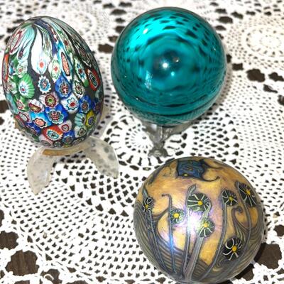 Lot 129 Group 2 Glass Paperweights + Aqua Glass Orb Millefiori Italy 3pcs