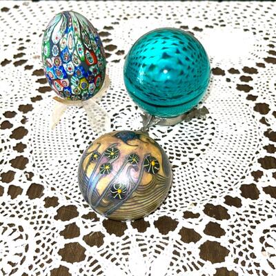 Lot 129 Group 2 Glass Paperweights + Aqua Glass Orb Millefiori Italy 3pcs