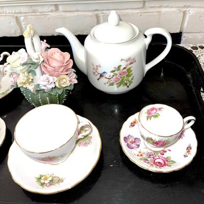Lot 130 Mixed Lot Teacups & Saucers Demitasse Teapot & Bisque Flower Basket