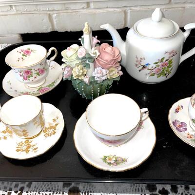 Lot 130 Mixed Lot Teacups & Saucers Demitasse Teapot & Bisque Flower Basket