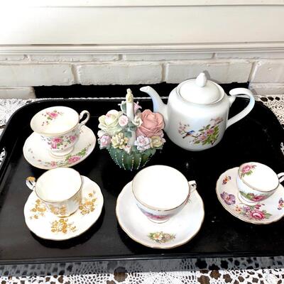 Lot 130 Mixed Lot Teacups & Saucers Demitasse Teapot & Bisque Flower Basket
