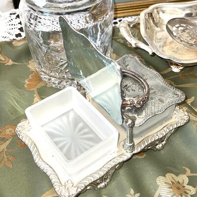 Lot 132 Table Serving Group Crystal Biscuit Jar Butter Dish 2 Sided Silver Plate Server + More