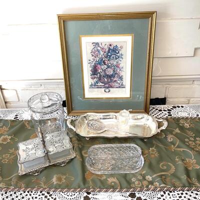 Lot 132 Table Serving Group Crystal Biscuit Jar Butter Dish 2 Sided Silver Plate Server + More