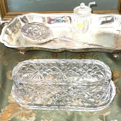 Lot 132 Table Serving Group Crystal Biscuit Jar Butter Dish 2 Sided Silver Plate Server + More