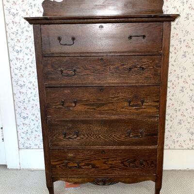 Lot 142 Antique 5 Drawer Oak Dresser Drop Drawer Pulls Back Splash