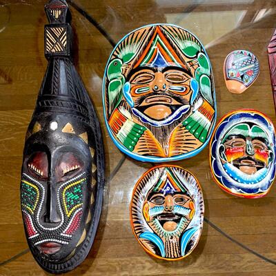 Lot 152 Group Native Masks  Wood & Ceramic Mouth Whistle Tallest 18"