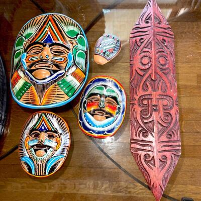 Lot 152 Group Native Masks  Wood & Ceramic Mouth Whistle Tallest 18"