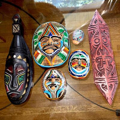 Lot 152 Group Native Masks  Wood & Ceramic Mouth Whistle Tallest 18"