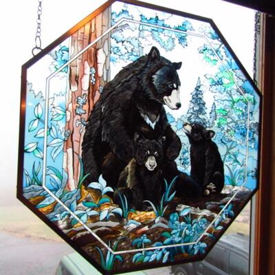 Stained Art Glass Window Hanging- Mama Bear and Cubs