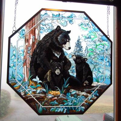 Stained Art Glass Window Hanging- Mama Bear and Cubs