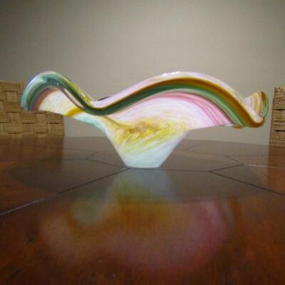 Hand Blown Glass Bowl with Ruffled Edge in Lovely Pastel Hues