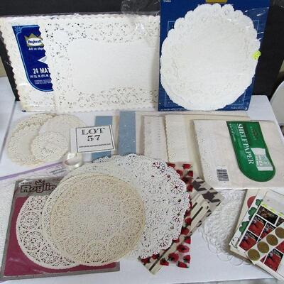 Lot of Paper Shelf Liner, Fancy Paper Doileys, Plastic Doileys, Stickers