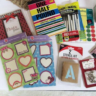 Lot of Craft and Decorative Items, Pens, Colored Paper, More