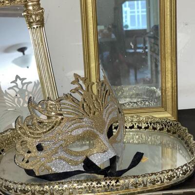 Lot 166 Gold Fantasy Group Easle Mirror + Moon Wall Mirror + Dresser Tray + Mask