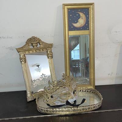 Lot 166 Gold Fantasy Group Easle Mirror + Moon Wall Mirror + Dresser Tray + Mask